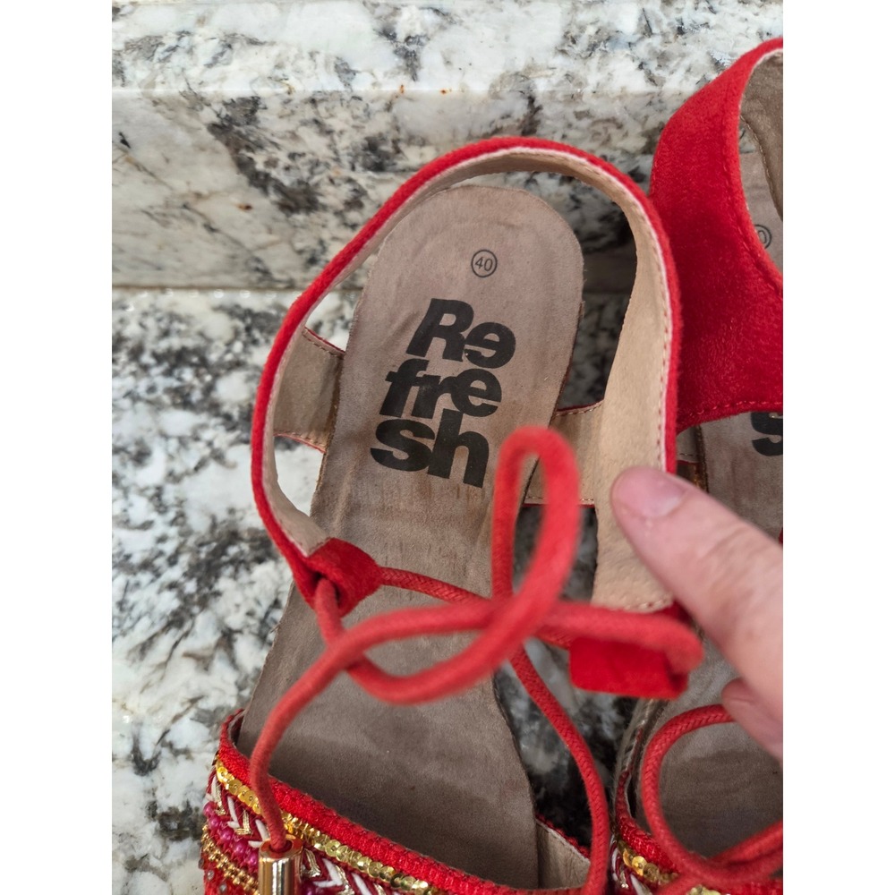 Refresh Red Boho Beaded Espadrille Wedge Sandals Ankle Tie Tassel 40 EU 9.5 US - Picture 4 of 13